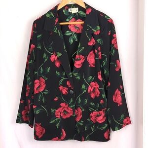 VINTAGE Women's Black Red Floral Print Slick Feel Blazer